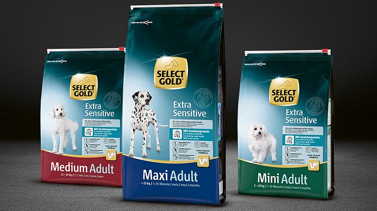 SELECT GOLD Extra Sensitive: Die neue Premium-Trockennahrung eignet sich ideal als Schonkost für sehr ernährungssensible Hunde mit empfindlichen Verdauungssystem.