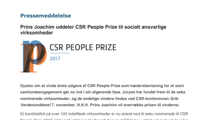 REMINDER: Prins Joachim uddeler CSR People Prize til socialt ansvarlige virksomheder