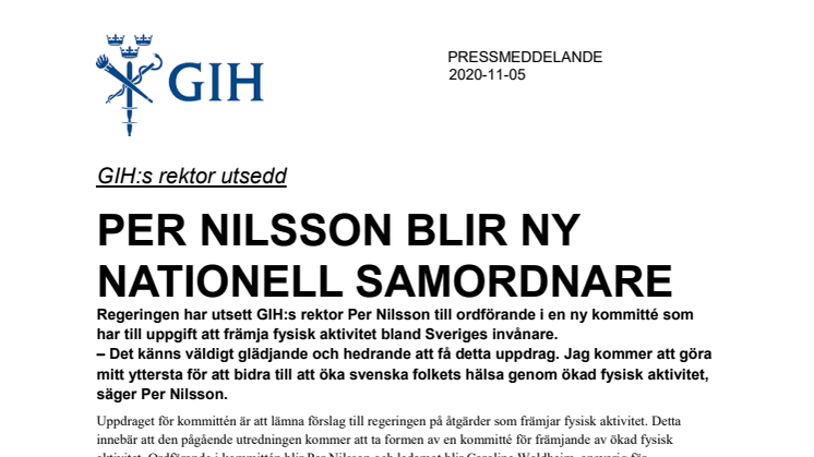 GIH:s rektor Per Nilsson blir ny nationell samordnare