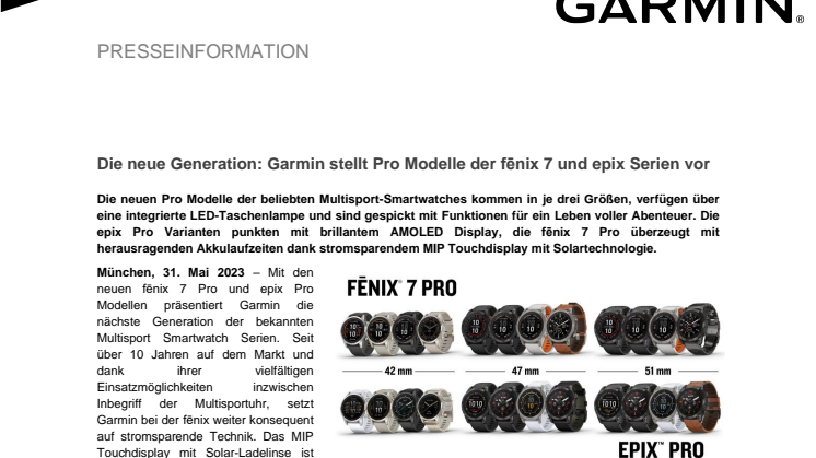 Pressemitteilung: Die neue Generation: Garmin stellt Pro Modelle der fēnix 7 und epix Serien vor