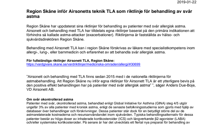 Region Skåne inför Airsonetts teknik TLA som riktlinje för behandling av svår astma 