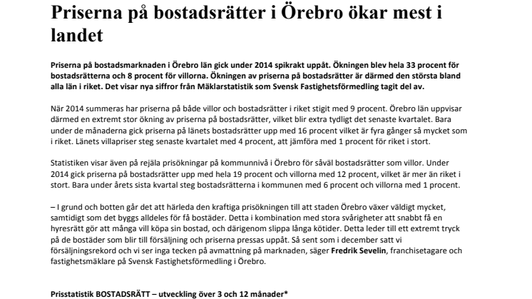 Priserna på bostadsrätter i Örebro ökar mest i landet
