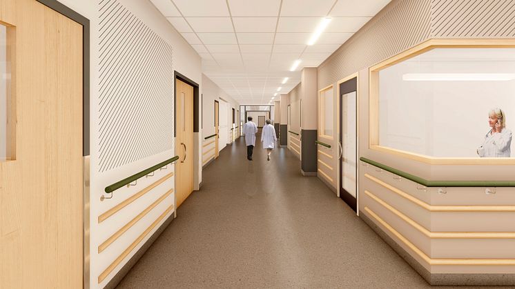 Arkitektillustration av sjukhuskorridor