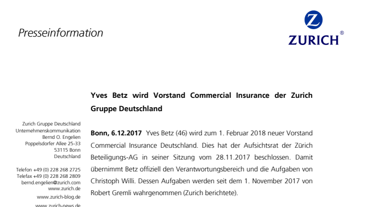 Yves Betz wird Vorstand Commercial Insurance der Zurich Gruppe Deutschland