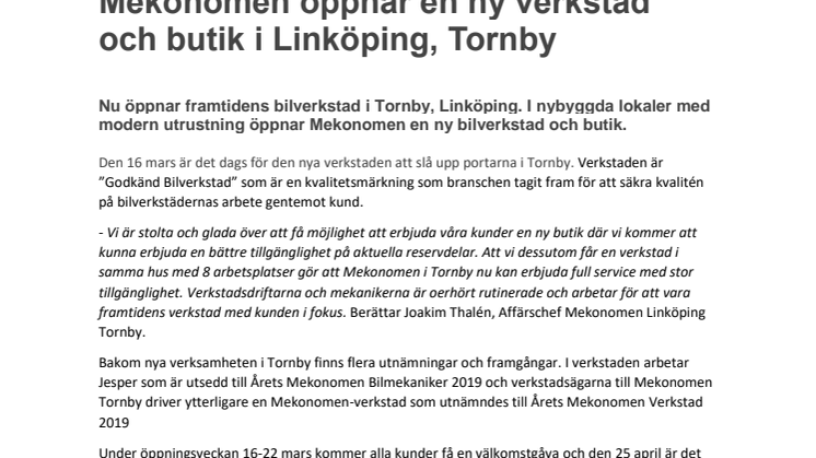 Pressmeddelande Mekonomen Linköping Tornby PDF