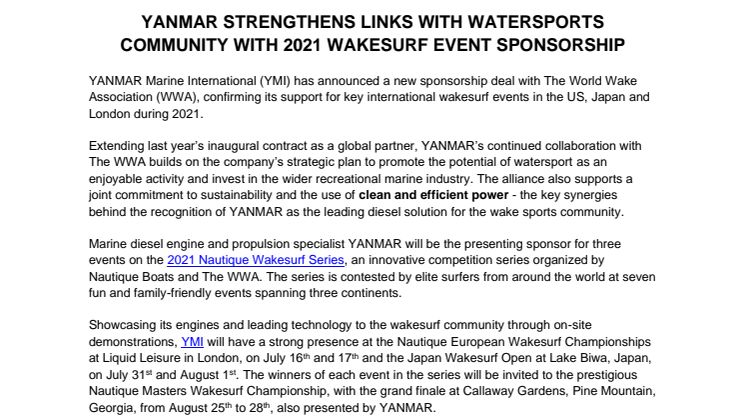 YANMAR Strengthens Links with Watersports Community with 2021 Wakesurf Event Sponsorship