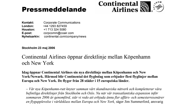Continental Airlines öppnar direktlinje mellan Köpenhamn och New York