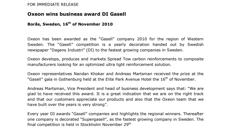 Oxeon wins business award DI Gasell