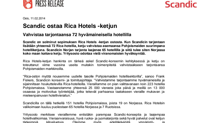 Scandic ostaa Rica Hotels -ketjun - Vahvistaa tarjontaansa 72 hyvämaineisella hotellilla