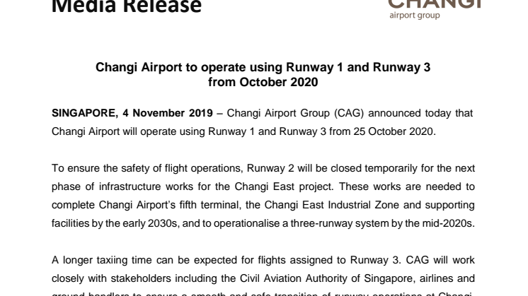 Changi Airport to operate using Runway 1 and Runway 3  from October 2020