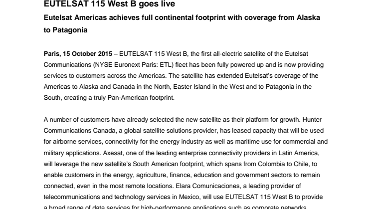 EUTELSAT 115 West B goes live 