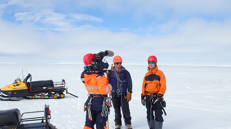 Dr Jan de Rydt being interviewed while on fieldwork in Antarctica 