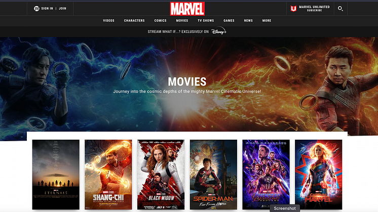 Screenshot of Marvel Studios website