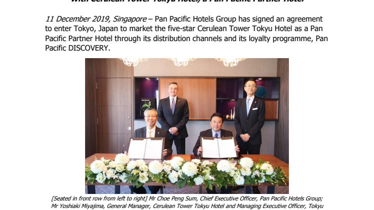  Pan Pacific Hotels Group Enters Tokyo, Japan in 2020 with Cerulean Tower Tokyu Hotel, a Pan Pacific Partner Hotel