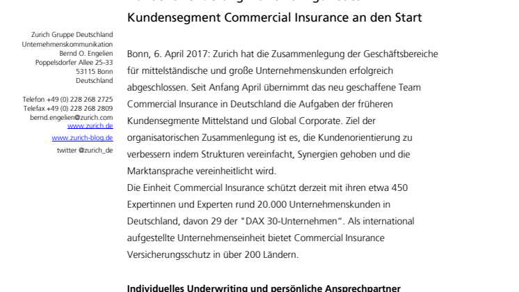 Kundenorientierung: Zurich bringt neues Kundensegment Commercial Insurance an den Start 
