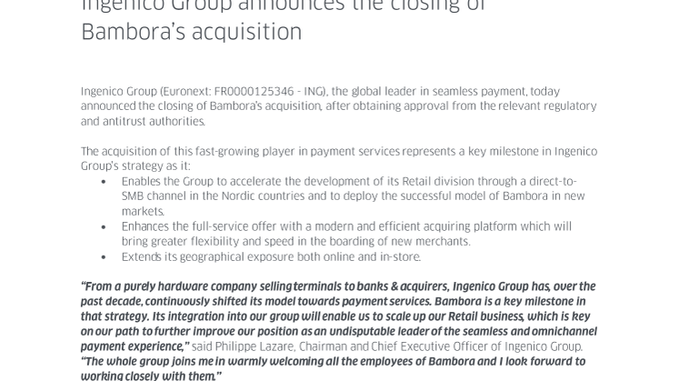 Ingenico Group announces the closing of Bambora’s acquisition