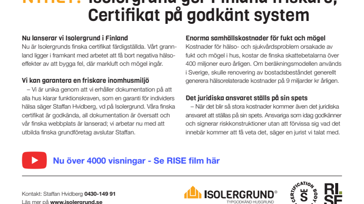 Isolergrund gör Finland friskare - Certifikat på godkänt system