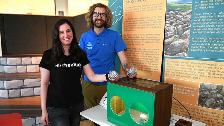 Suzanne Kobeisse, PhD researcher at Northumbria University, and Andrew Mitchell, Digital Officer at Northumberland National Parks Authority, pictured with the ARcheoBox at The Sill