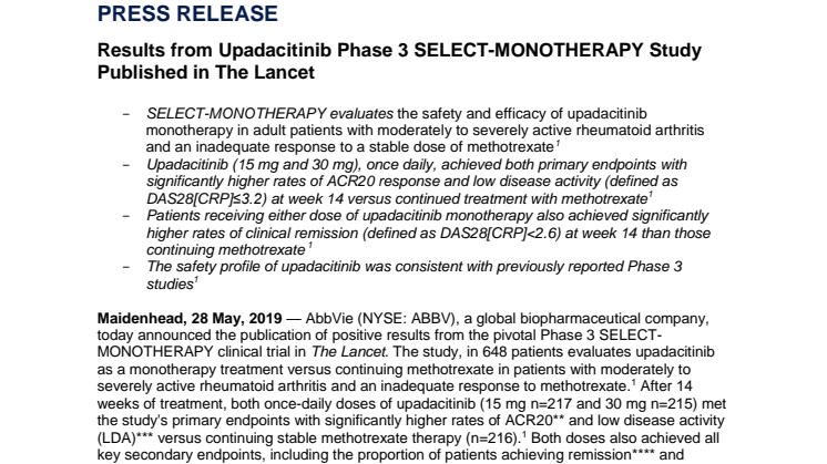 Results from Upadacitinib Phase 3 SELECT-MONOTHERAPY Study Published in The Lancet 