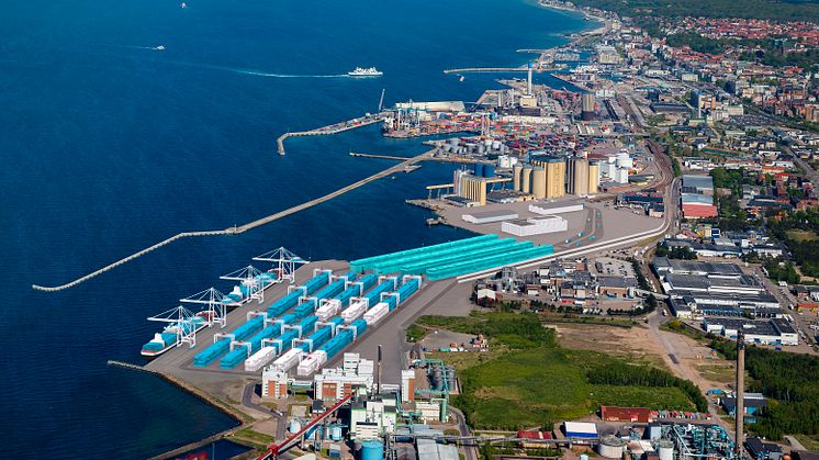 Så här kan den nya containerterminalen i Helsingborgs Hamn se ut i framtiden. Foto: Bertil Hagberg, visionskiss: Studio E