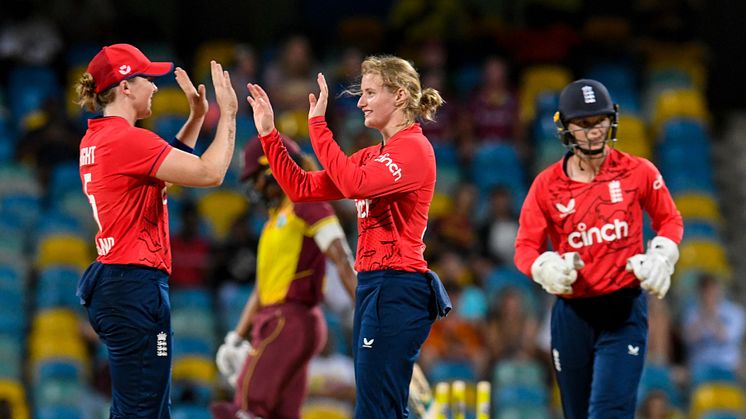 Heather Knight and Charlie Dean celebrate at Kensington Oval, Barbados. CREDIT: CWI Media. 