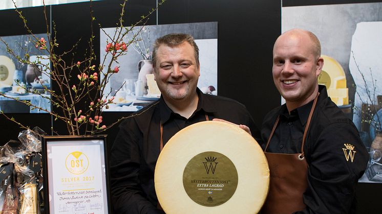 ​Thomas Rudin och Mattias Norgren är två stolta ostmästare över placering i klassen hårdostar vid Ostfestivalen på Münchenbryggeriet i Stockholm med Västerbottensost Extra lagrad, 24 månader. Foto: Mariann Holmberg