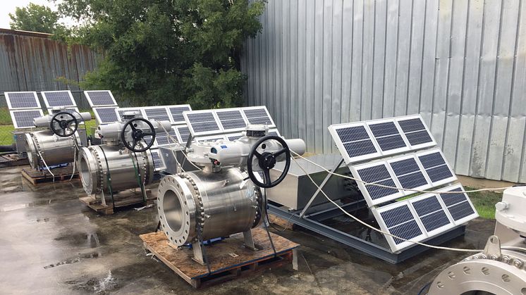 Rotork IQ3 electric actuators fitted to 12 and 16 inch ball valves with a solar panel.