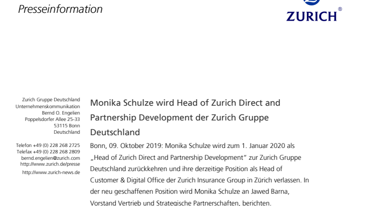 Monika Schulze wird Head of Zurich Direct and Partnership Development der Zurich Gruppe Deutschland
