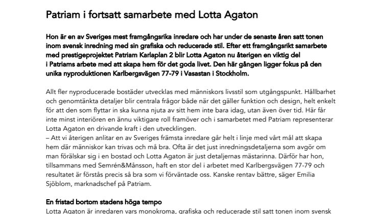 Patriam i fortsatt samarbete med Lotta Agaton