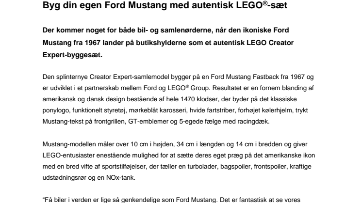 Byg din egen Ford Mustang med autentisk LEGO®-sæt
