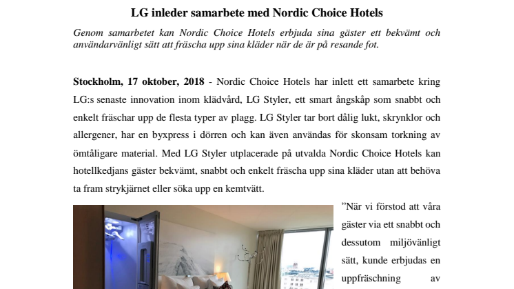 LG inleder samarbete med Nordic Choice Hotels