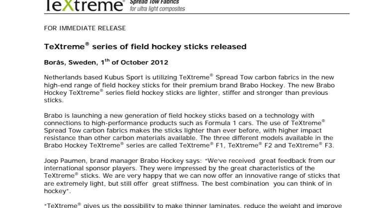TeXtreme® series of field hockey sticks released