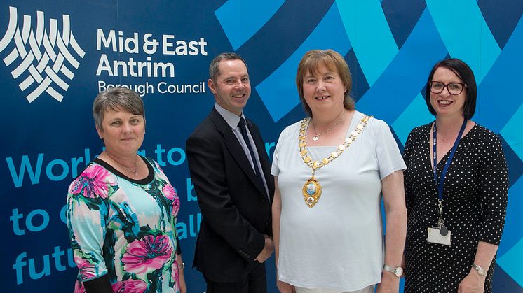 L-r is  Melanie Christie Boyle MBE, Chief Executive of Ballymena Business Centre, Sean Keenan Mid and East Antrim Economic Development Officer, Mayor Maureen Morrow, and Rhonda Lynn, Mid and East Antrim Skills and Entrepreneurship Manager.