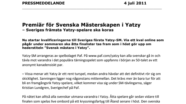 Premiär för Svenska Mästerskapen i Yatzy