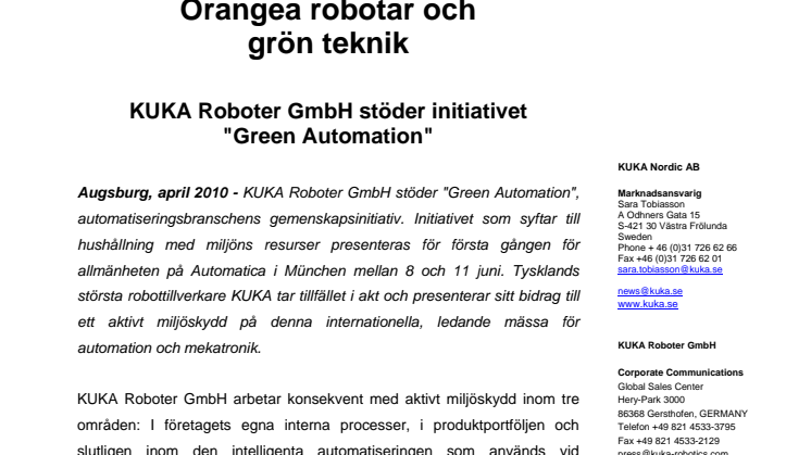Orangea robotar och grön teknik. KUKA stöder initiativet "Green Automation" 