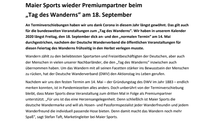 Maier Sports wieder Premiumpartner beim „Tag des Wanderns“ am 18. September