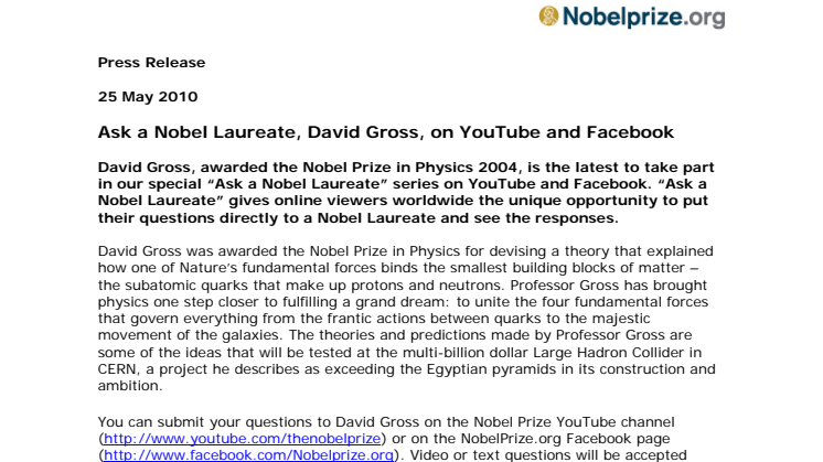 Ask a Nobel Laureate, David Gross, on YouTube and Facebook
