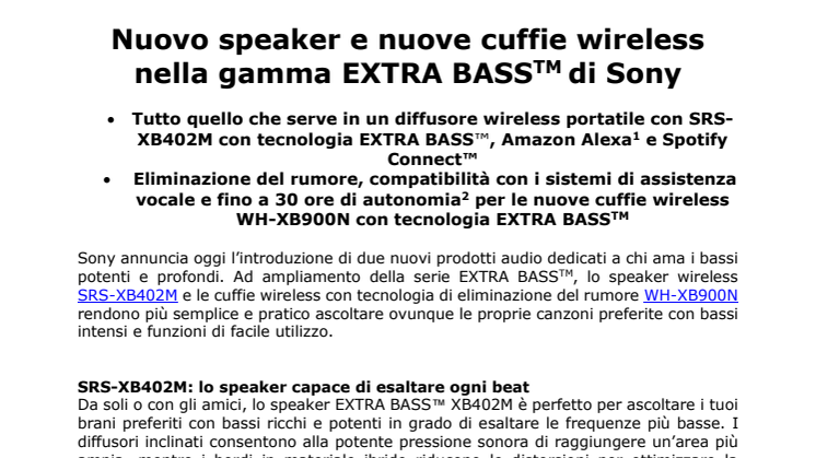 Nuovo speaker e nuove cuffie wireless nella gamma EXTRA BASS di Sony 