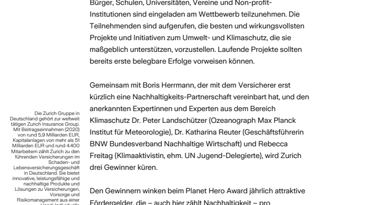 Planet Hero Award: Zurich sucht Projekte zur Verbesserung des Umwelt- und Klimaschutzes