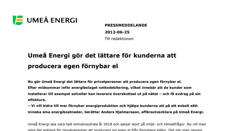 Umeå Energi gör det lättare för kunderna att producera egen förnybar el
