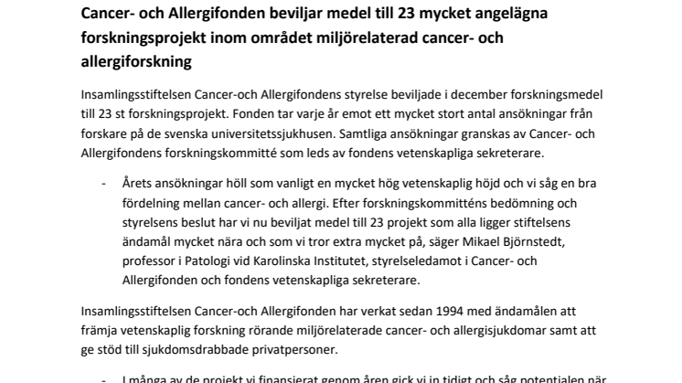 Cancer- och Allergifonden beviljar medel till 23 mycket angelägna forskningsprojekt 