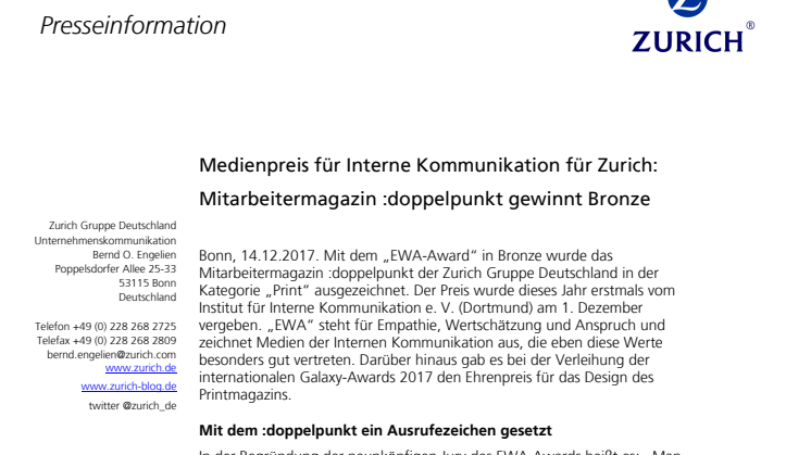 Medienpreis für Interne Kommunikation für Zurich: Mitarbeitermagazin :doppelpunkt gewinnt Bronze