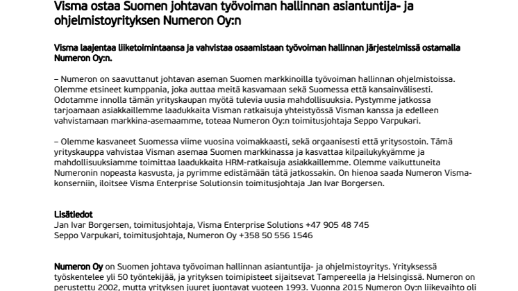 Visma ostaa Suomen johtavan työvoiman hallinnan asiantuntija- ja ohjelmistoyrityksen Numeron Oy:n