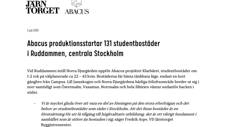 Abacus produktionsstartar 131 studentbostäder  i Ruddammen, centrala Stockholm
