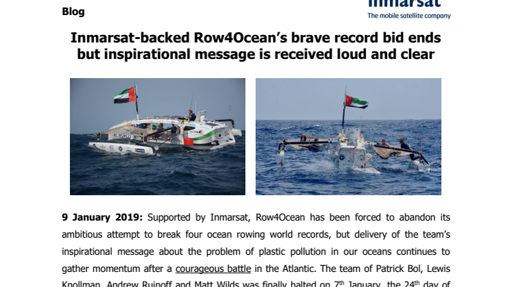 Inmarsat-backed Row4Ocean’s brave record bid ends but inspirational message is received loud and clear