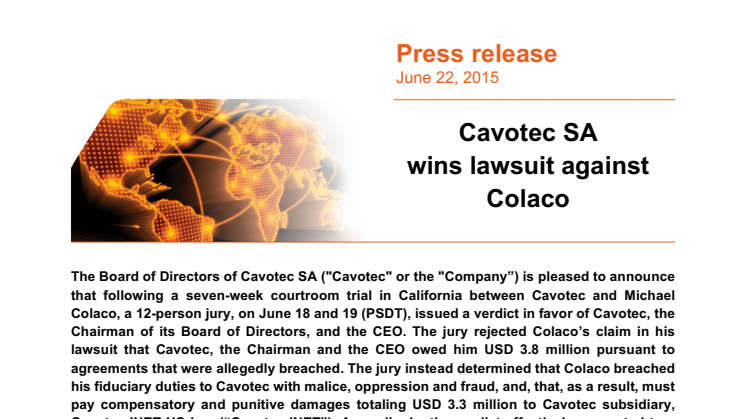 Cavotec SA wins lawsuit against Colaco