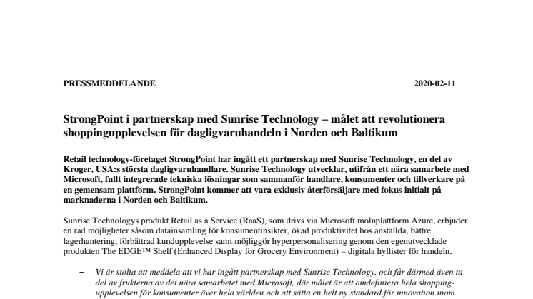 StrongPoint i partnerskap med Sunrise Technology – målet att revolutionera shoppingupplevelsen för dagligvaruhandeln i Norden och Baltikum 