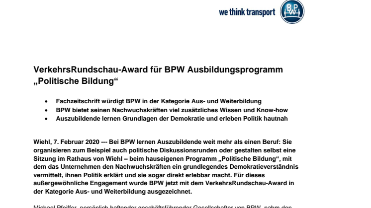 VerkehrsRundschau-Award für BPW Ausbildungsprogramm „Politische Bildung“