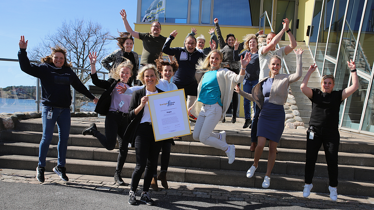 Medarbetare från Hogia firar att de jobbar på Sveriges friskaste it-företag 2023. 