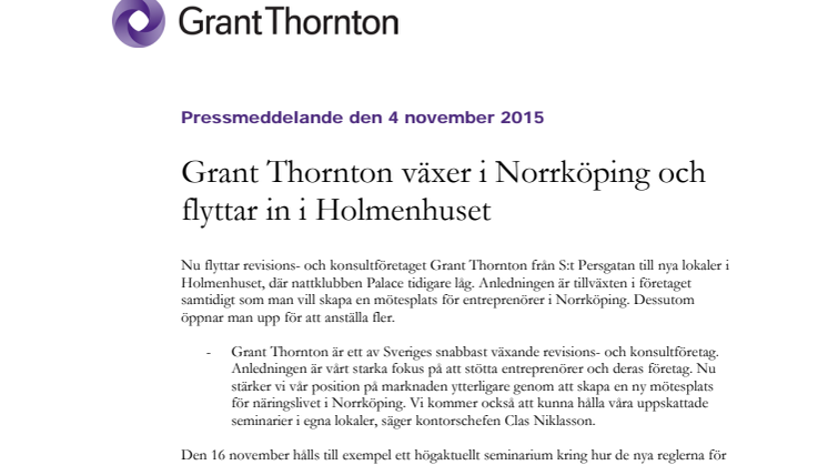 Grant Thornton växer i Norrköping och flyttar in i Holmenhuset